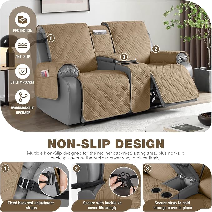 TAOCOCO Loveseat Recliner Cover with Center Console, 100% Waterproof Pet Cover for Dual Recliner with Straps Design, Split Reclining Loveseat Covers Furniture Pet&Kids Protector (2 Seater, Camel)