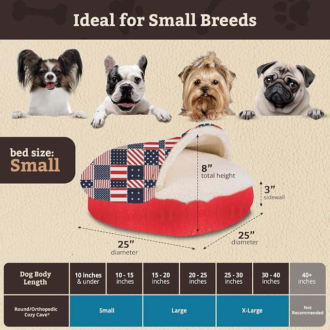 Snoozer Cozy Cave Dog Bed - Indoor Dog Bed with Cover Cave, Covered Calming Burrow for Small Sized Pets with Blanket Attached, Enclosed, Removable Washable Cover - Small, Starpatch Red Diamond
