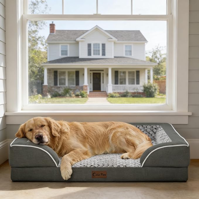 Orthopedic Dog Beds for Extra Large Sized Dogs 42x30 Inch, XL Waterproof Egg Crate Foam Dog Sofa Bed with Removable Washable Cover Big Pet Couch with Bolster & Non-Slip Bottom, Dark Grey