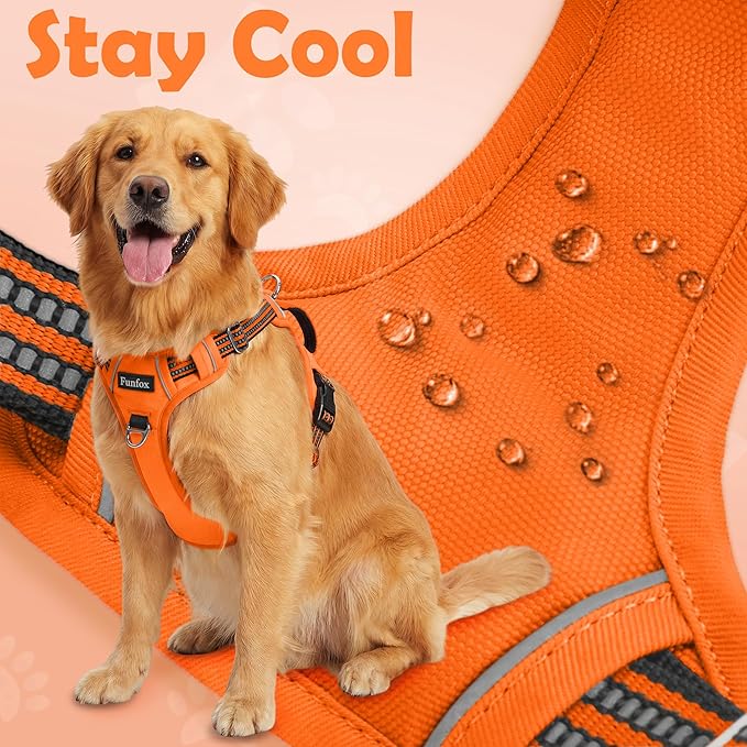 Funfox Dog Harness No Pull, Adjustable Pet Vest Harness, Super Soft Material with Vertical Handle Easy Control, Reflective Night Walking, 2 Leash Clips for Large Dogs, Orange, L