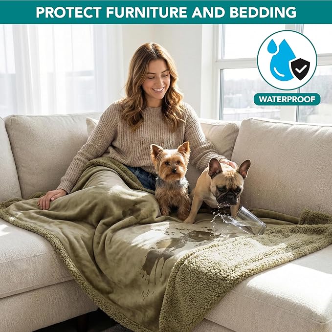 PetAmi Waterproof Dog Blanket for Couch, Large 60x40, Pee Proof Sherpa Fleece Reversible Pet Throw, Furniture Protector for Bed Sofa Kennel, Soft Washable Cover for Medium Dogs Cats, Taupe Sherpa
