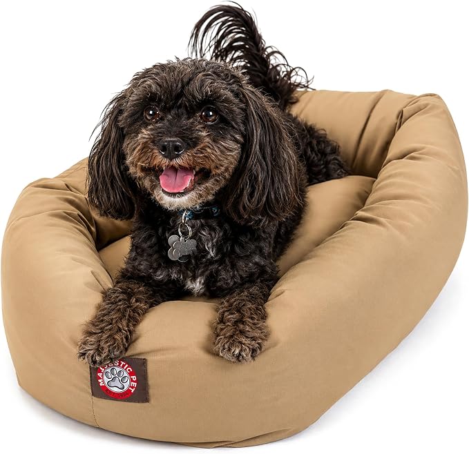 Majestic Pet 24 Inch Bagel Calming Dog Bed Washable – Cozy Soft Round Dog Bed with Spine Support for Dogs to Rest their Head - Fluffy Donut Puppy Mat 24x19x7 (Inch) Small – Khaki