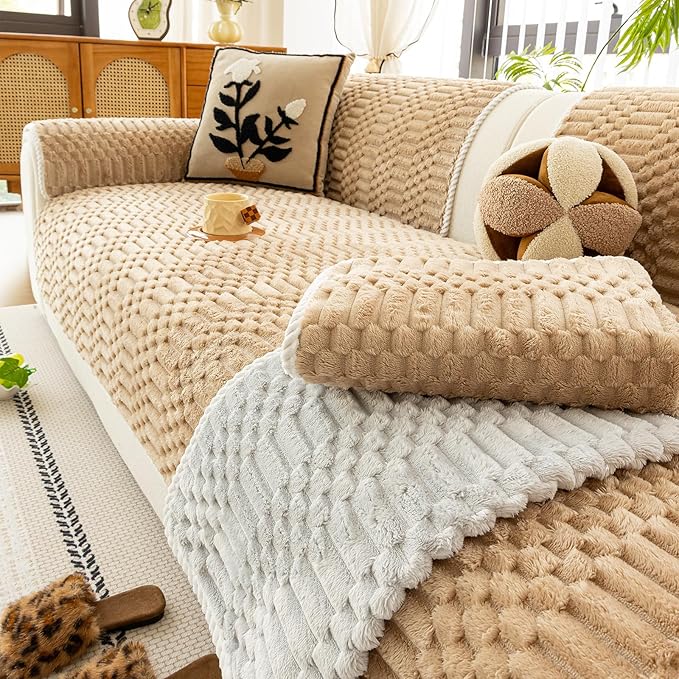 Plush Warm Sofa Covers Washable, Funny Fuzzy Couch Cover for Dogs Washable, Non-Slip Couch Covers for Loveseat, Soft Sofa Slipcover for Pet & Kid(1PC, Light Brown, 36"×71", 2-3 Seater)