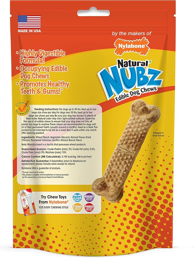 Nylabone Nubz Natural Dog Chew Treats for Large Dogs, Long Lasting Dog Chew Bones Made in the USA, Chicken Flavor Breath Freshener Dental Chews, Large Dog Bones for Dogs Over 30 lbs. (20 Count)