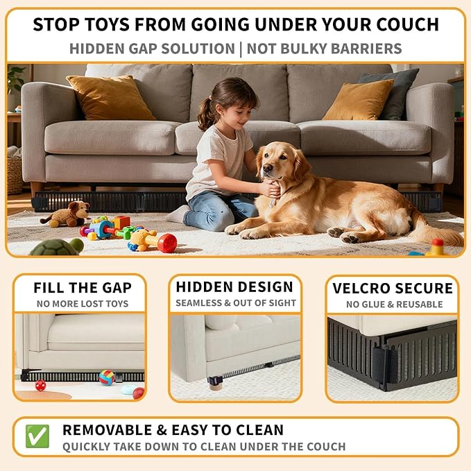 Under Couch Toy Blocker for Kids & Pets – No-Glue Sofa Gap Filler Secured to Sofa Legs, Under Couch Guards, Floor & Carpet Friendly, Quick Install & Removable, 3.2" Height, 12 Pack