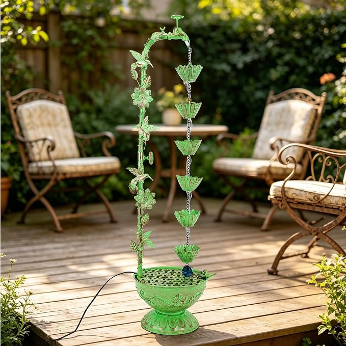 41" H Outdoor Tiered Water Fountain, Faucet-Shape Floor Standing Fountains with 6 Hanging Lotus Cups, Indoor Cascading Water Fountain Feature for Garden Yard Home Decor