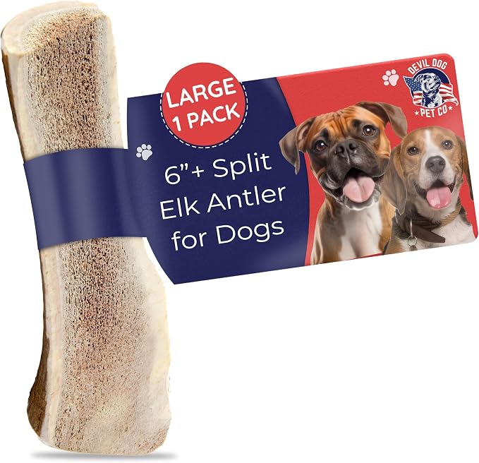 Devil Dog Pet Co. Split Elk Antlers for Dogs, Natural Dog Chew with Exposed Marrow - Long Lasting and Odor Free - USA Sourced - Cleaner Teeth, Anxiety & Boredom Relief - Large 6"+ - Antler Bone