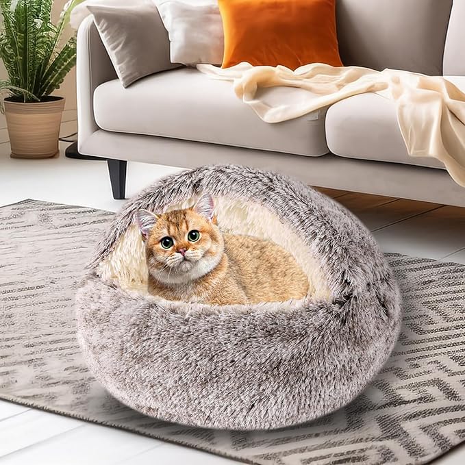 FORMYCATIE Cat Beds for Indoor Cats,Cat Cave for Puppy and Kitty,Calming Small Dog Bed for Small Dogs with Cover Cave,Cozy Warming Fluffy Washable Anti-Slip Pet Sleeping Bag(24 * 24inch,Khaki)
