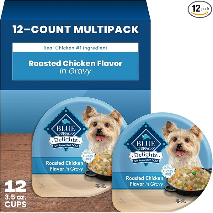 Blue Buffalo Delights Rotisserie Chicken Flavor Natural Grain Free Wet Dog Food for Small Breed Dogs in Hearty Gravy with Natural Ingredients, Vitamins & Minerals, 3.5-oz. Each (12 Cups)