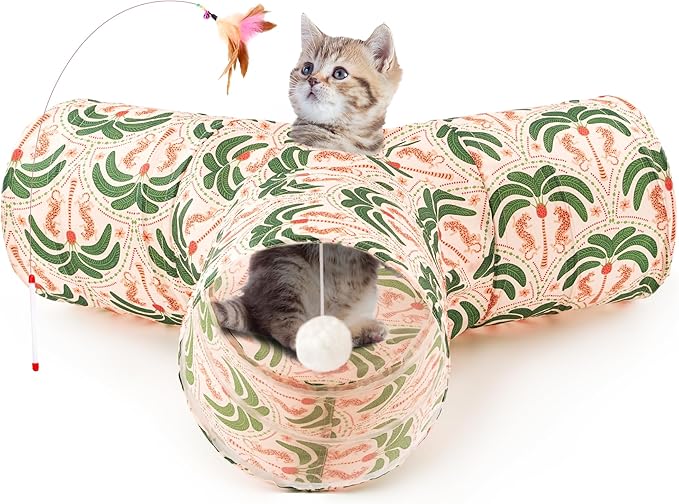 Tempcore Cat Tunnel for Indoor Cats, 3 Way Collapsible Pet Play Tunnel with Teaser Wand, Peek Holes & Hanging Ball, Interactive Tube for Kittens & Rabbits, Khaki Coconut Tree