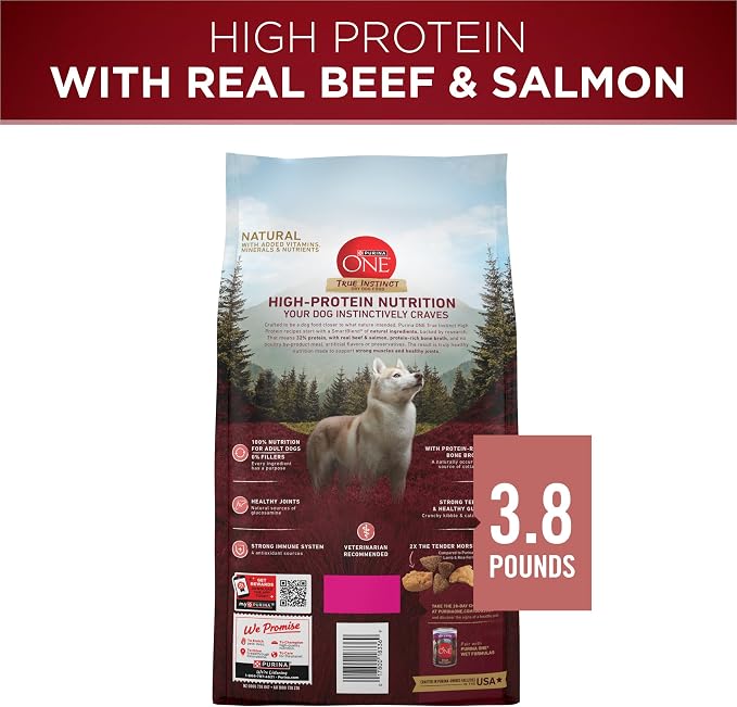 Purina ONE Natural High Protein Dry Dog Food Dry True Instinct with Real Beef and Salmon With Bone Broth and Added Vitamins, Minerals and Nutrients - (Pack of 4) 3.8 lb. Bags