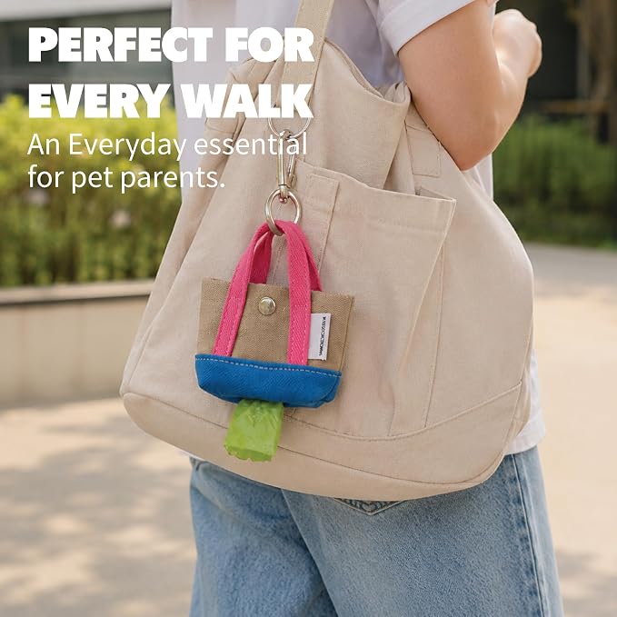 Dog Poop Bag Holder for Leash with 1 Waste Bag Roll, Canvas | Pink Handle, Waste Bag Dispenser Pouch, Round Clip, Cotton Carrier, Handmade in Korea
