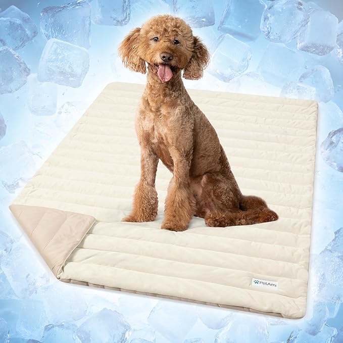 PetAmi Dog Cooling Mat, Q-Max Pet Cooling Blanket with Thick Cushioning, Self Cooling Pad for Dogs & Cats, Reversible Summer Mat for Crate, Couch, Kennel, Taupe/Beige, Large (40x60)