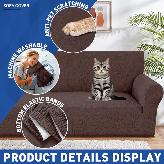 YEMYHOM Couch Cover Latest Jacquard Design High Stretch Sofa Covers for 2 Cushion Couch, Pet Dog Cat Proof Loveseat Slipcover Non Slip Elastic Furniture Protector (Medium, Begonia Leaf Coffee)