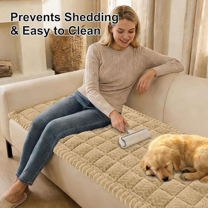 Smiry Couch Cover for Dogs, Non Slip Fuzzy Pet Sofa Covers Washable for 3 Cushion Couch, Soft Thick Furniture Protector for Cats Dogs, Against Fur, Dirt, Scratch Resistant (Khaki, 27.6" x 82.7")