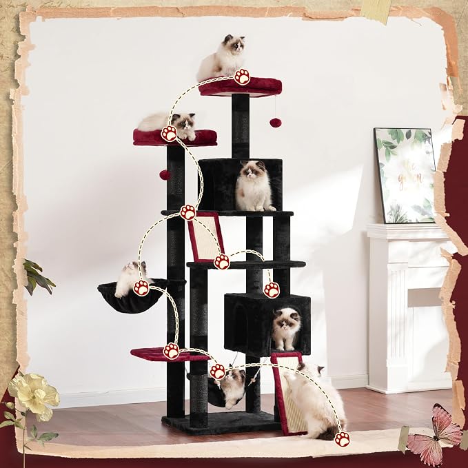 Gitelsnour Cat Tree for Indoor Cats, 71'' (180cm) Multi-Level Cat Tower for Large Adult, Gothic Sturdy Cat Tree House with 2 Scratching Boards 7 Posts, 2 Plush Perches/Condos, Hammock, Black GCT032BR