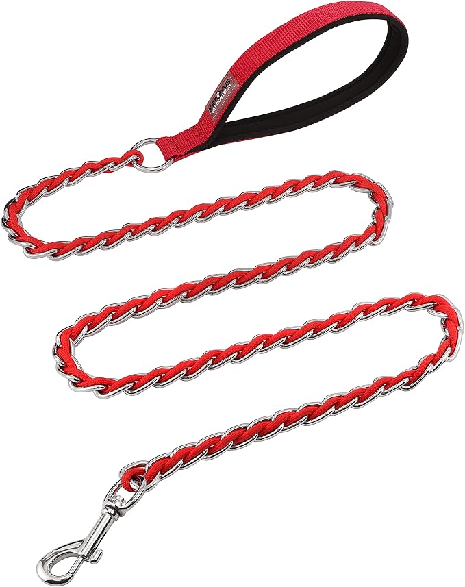 Chain Dog Leash Chew Proof Metal Leash for Medium Large Dogs, Chain Link Dog Anti Chew 5.2FT / 4FT Strong Anti Bite Comfortable Soft Padded Handle (red, 4FT(5-30lb))