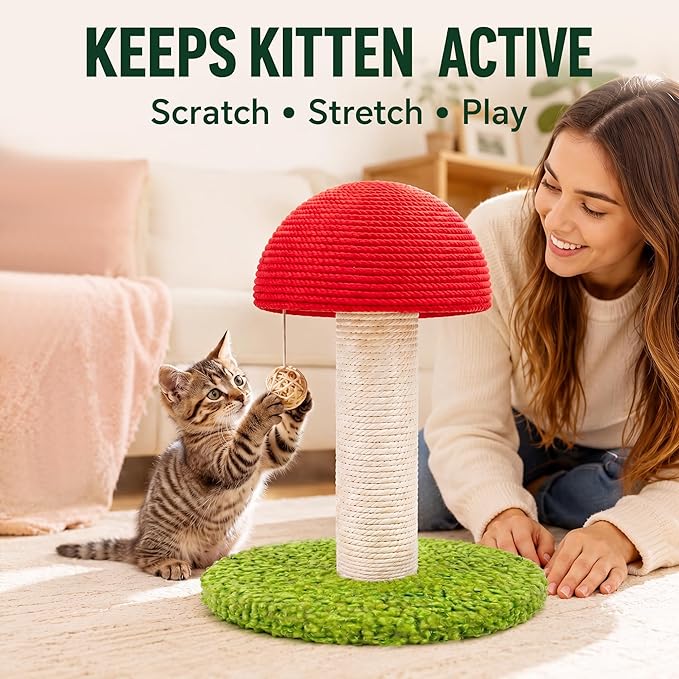 Mushroom Cat Scratching Post 11" for Kitten & Small Cats, Mini Cat Tree Stable Base, Natural Sisal Scratcher with Hanging Ball, Space Saving Indoor Cat Toy for Small Spaces and Apartments