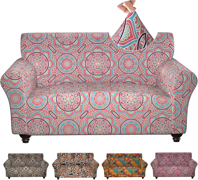 Stretch Couch Covers for 2 Separate Cushion Couch Sofa - Floral Printed Couch Sofa Cover ,Washable Sofa Slipcover,Pet Friendly Furniture Protector with Elastic Bottom,Universal Fit for Home(Loveseat)