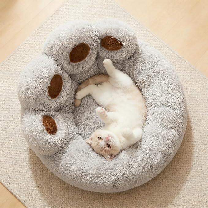 Cat Paw Shaped Cat Bed, Long Plush Calming Cat Bed for Indoor Cats, Washable Pet Bed with Anti-Slip Bottom, Soft Cozy Bed for Small Medium Large Cats & Dogs (Grey, Large)