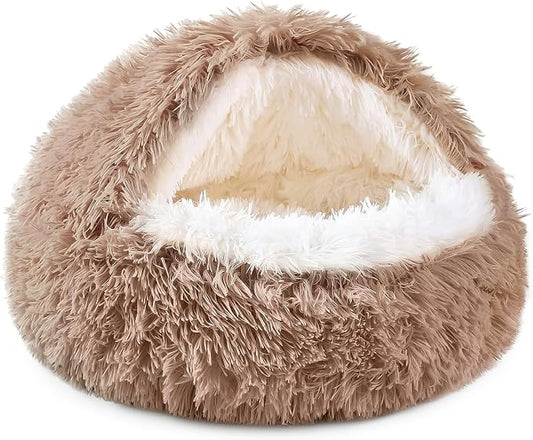 Calming Plush Dog Bed, Hooded Cave Style, PP Cotton Filling, for Small and Medium Pets (Brown, Small)
