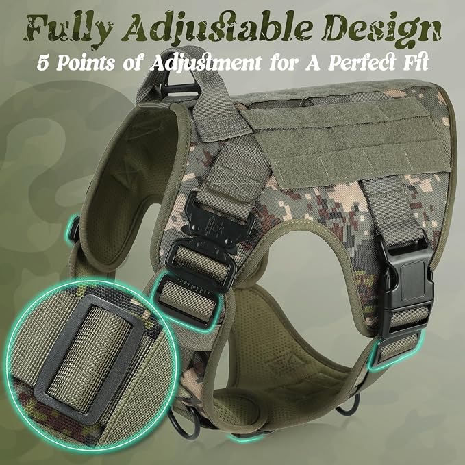 rabbitgoo Tactical Dog Harness for Large, Heavy Duty Pet Harness with Handle, No-Pull Service Vest Large Breed, Adjustable Military Dog Vest for Training Hunting Walking, Green Camo, L