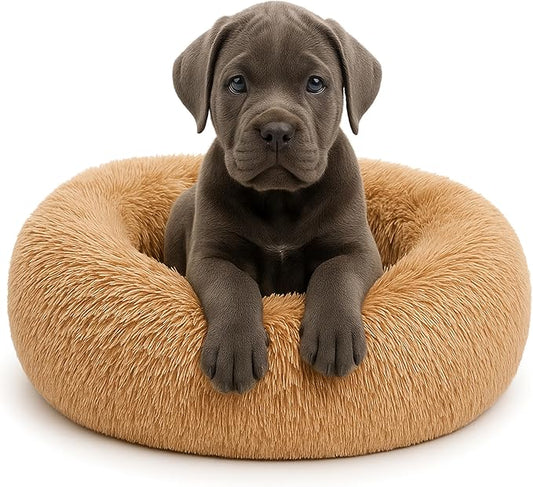 Calming Dog Bed - Fluffy Donut Cuddler for Anxiety Relief, Orthopedic Pet Bed with Non-Slip Bottom, Cozy Round Faux Fur Nest for Dogs and Cats, Plush Crate Mat for Comfort (Camel, Medium)