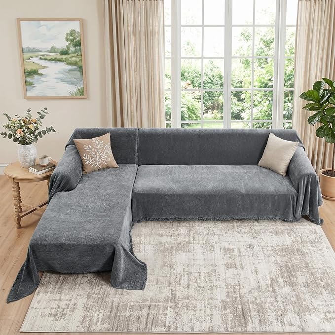 CAPALOCA Sectional Couch Covers, 2 Pieces Chenille Sofa Cover L Shaped Couch Cover Blanket for Dogs Washable Sofa Slipcovers Pet Furniture Protector (XX-Large: 71" x 118" + 71" x 118", Dark Gray)