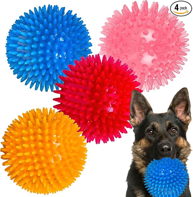 4.5″ Squeaky Dog Balls 4 Color Dog Toys Balls for Medium Large Dogs Pet Puppy Chew Toys for Teething No Odor Durable Spiky Balls for Teeth Cleaning and Training for Large Dogs (Large)
