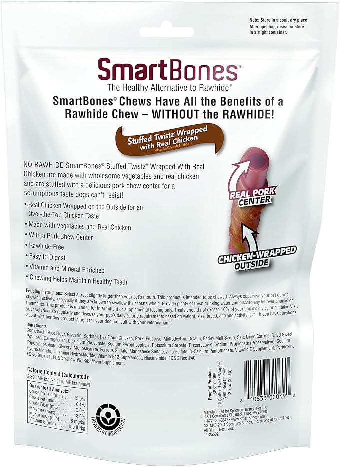 SmartBones Chicken Wrapped Stuffed Twists, Treat Your Dog to a Rawhide-Free Chew Made with Real Meat and Vegetables, 10 Count