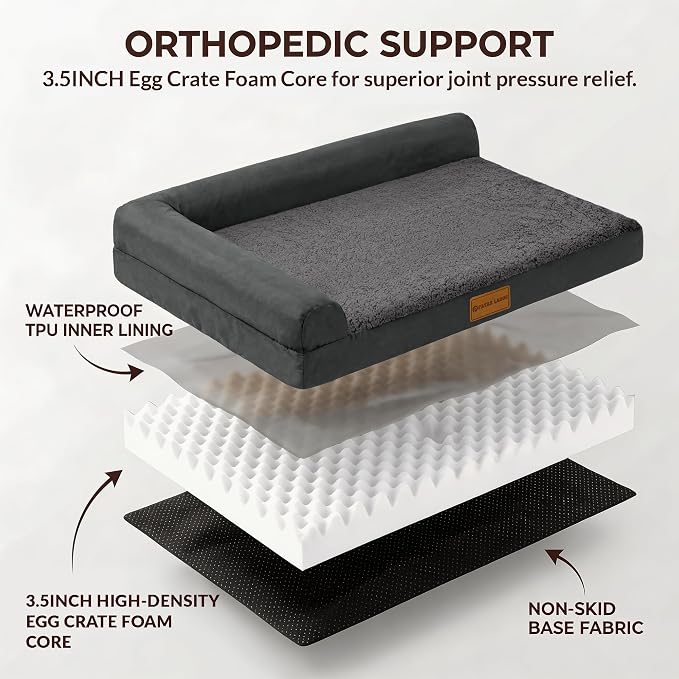 Patas Lague Orthopedic XL Dog Bed Large Sized Dog 42''X28'', Waterproof L Bolster Big Large Pet Sofa Beds with Removable Washable Cover, Soft Pet Couch Crate Mat with Nonskid Bottom, Dark Grey