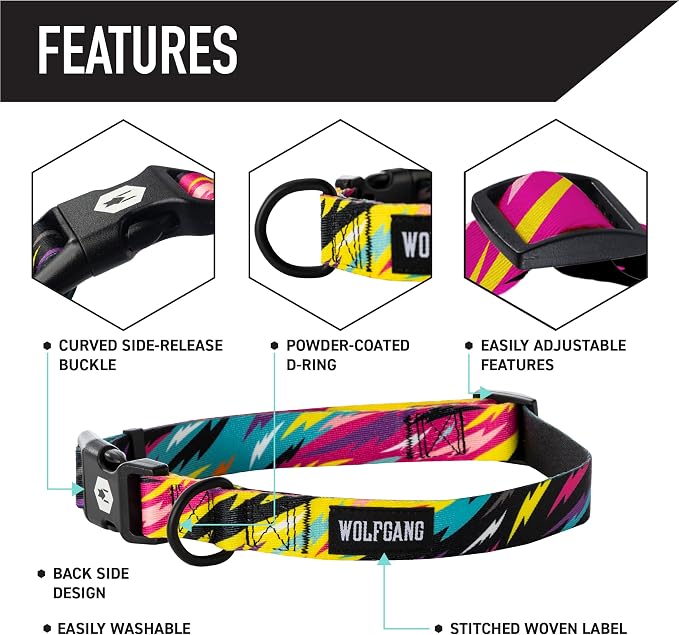 Wolfgang Heavy Duty, Adjustable Dog Collar with Quick Release Nylon Buckle for Walking & Training, FuzzyTails Print, Medium