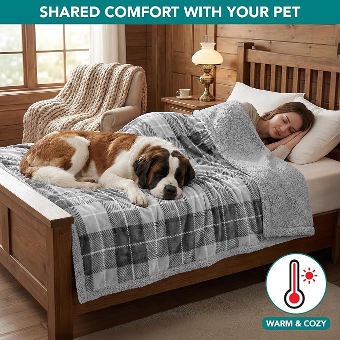 PetAmi Waterproof Dog Blanket for Couch, Extra Large 80x60, Pee Proof Sherpa Fleece Reversible Pet Throw, Furniture Protector for Bed Sofa Crate Kennel, Soft Washable Cover for Dogs, Plaid Light Grey