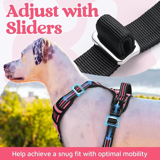 rabbitgoo Dog Harness for Large Dogs, 3 Buckles Easy On & Off No Pull Pet Vest, Soft Padded Walking Pet Harness with Control Handle, Adjustable and Reflective, Pink, XL
