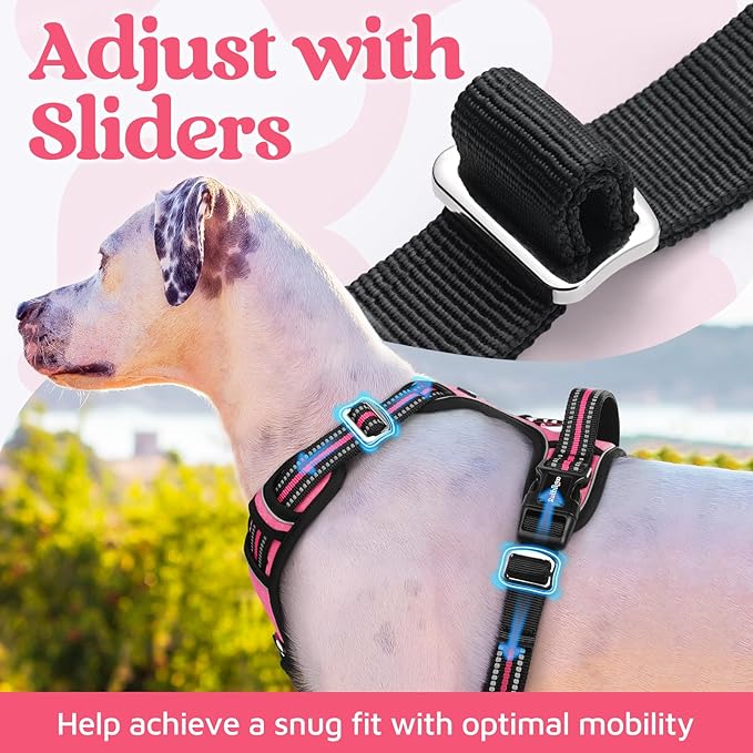 rabbitgoo Dog Harness for Large Dogs, 3 Buckles Easy On & Off No Pull Pet Vest, Soft Padded Walking Pet Harness with Control Handle, Adjustable and Reflective, Pink, L
