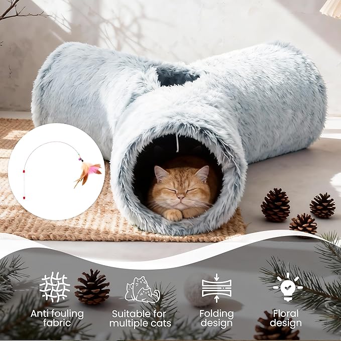 Tempcore Plush Cat Tunnel for Indoor Cats, 3 Way Collapsible Pet Play Tunnel with Teaser Wand, Peek Holes & Hanging Ball, Interactive Tube for Kittens & Rabbits, Light Grey