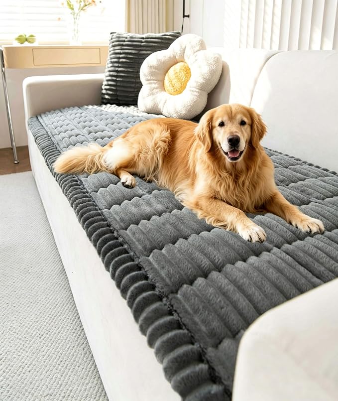 OTOB Sofa Covers for 3 Cushion Couch Washable, Fuzzy Non Slip Pet Friendly Couch Cover Protector Love Seat, All Seasons Soft Plush Furniture Bed Mats Sofa Slipcovers (Dark Gray, 31.5" x 70.9'')