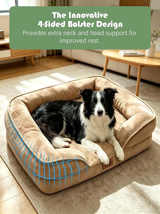 Spotted Play Orthopedic Dog Bed with Sides - Sofa Beds for Large Dogs, Supportive Foam Pet Couch Bed with Washable Removable Cover, Waterproof Lining and Non-Slip Bottom, Brown - L