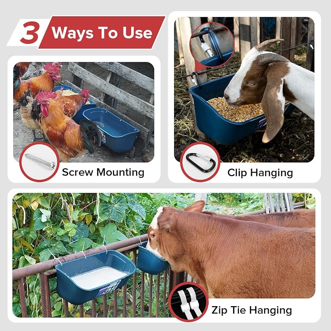 Goovilla Large Feed Trough, Hanging or Screw-in Fence Feeder with Clips, 2 Pack 9 Quart Goat Feeding Supplies, Dog Horse Hog Pig Livestock Poultry Plastic Feeder Trough Bucket for Large Animal, Blue