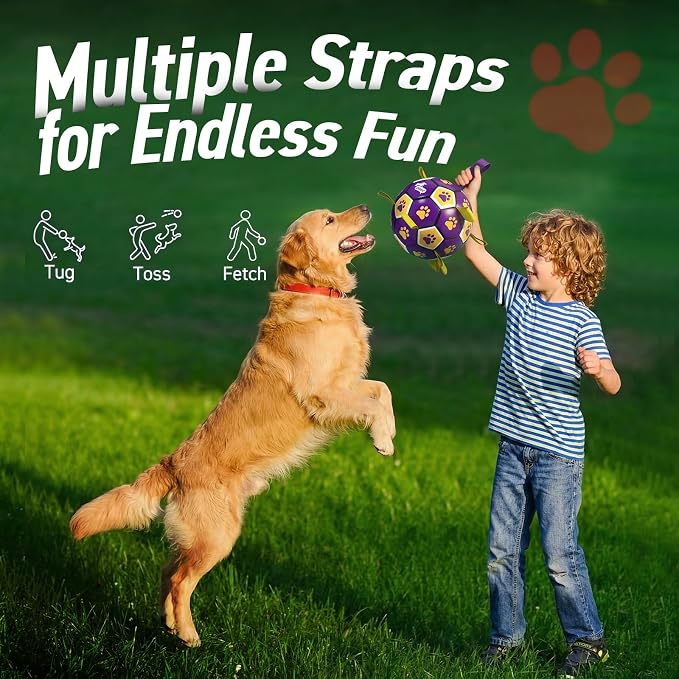 QDAN Extra Large Dog Toys Soccer Ball - Durable Dog Balls for Extra Large Dogs with Straps, Interactive Dog Tug Toy with Strap for Tug of War (9 Inch)