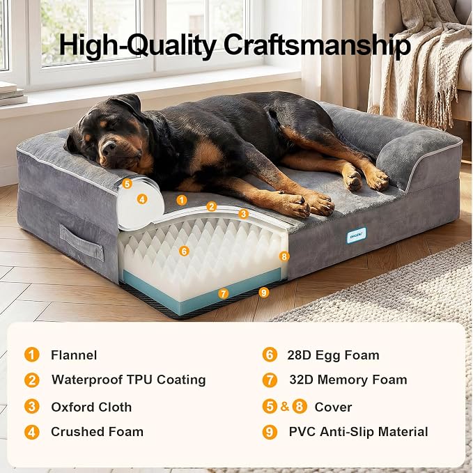 OhGeni Orthopedic Dog Bed Couch Big Cat Sofa for Extra Large Sized Pets with Memory Foam, Machine-Washable Waterproof Removable Cover, Soft Comfortable Fabric, 45-inch (Gray)