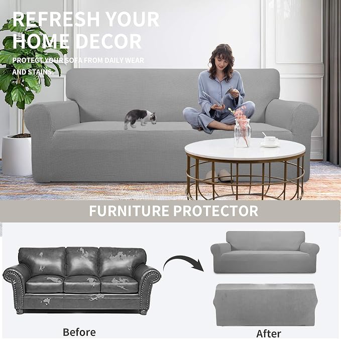 Easy-Going Stretch Oversized Loveseat Slipcover 1-Piece Sofa Cover Furniture Protector Couch Soft with Elastic Bottom for Kids Polyester Spandex Jacquard Fabric Small Checks Light Gray