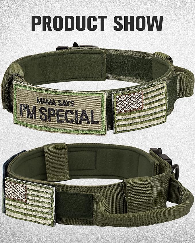 Joytale Tactical Dog Collar with Handle and Metal Buckle, Heavy Duty Padded Military Collar with 2 Patches for Training, Adjustable for Large Dogs, ArmyGreen, L
