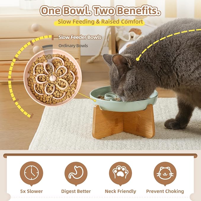PTOBER Elevated Slow Feeder Cat Bowl - Melamine Cat Dish with Anti-Slip Bamboo Stand - Whisker Friendly Feeding Bowl - Floral Maze Food Plate for Slow Eating - White