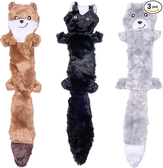 ZippyPaws Skinny Peltz - No Stuffing Dog Toy Pack to Keep Them Busy, for Medium and Large Dogs, Squeaky Pet Toys, Unstuffed Chew Toys, Soft Plush Variety Pack, Weasel, Skunk, and Wolf - 18"