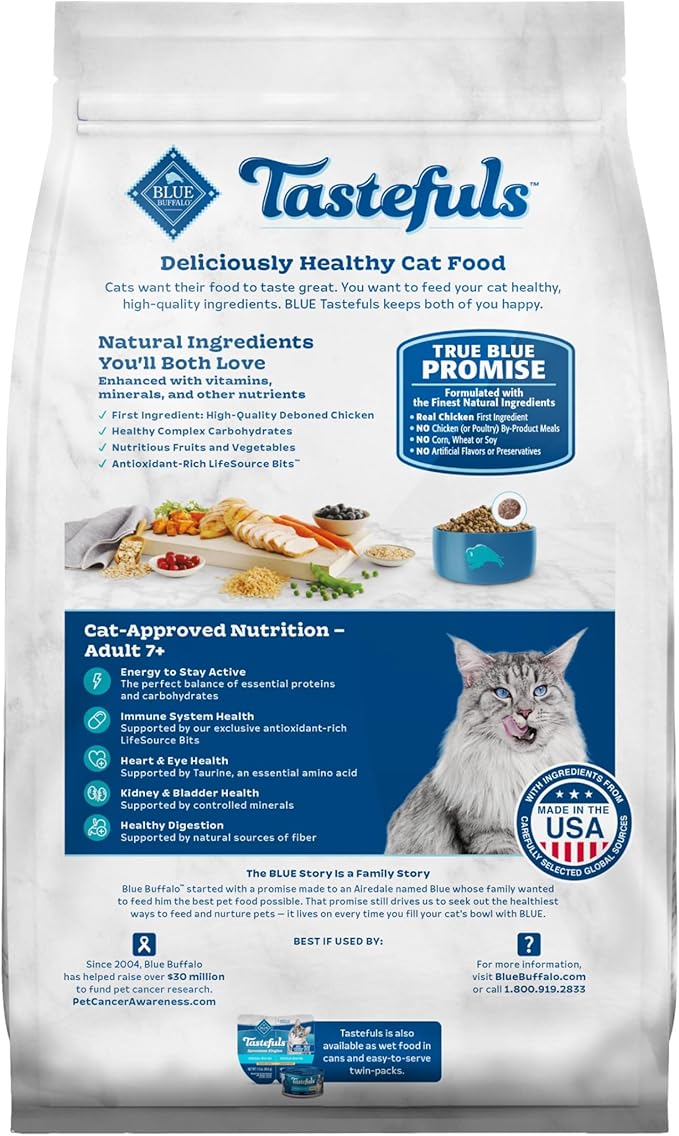 Blue Buffalo Tastefuls Mature Dry Cat Food for Adult Cats 7+, Made in the USA with Natural Ingredients, Chicken & Brown Rice Recipe, 3-lb. Resealable Bag