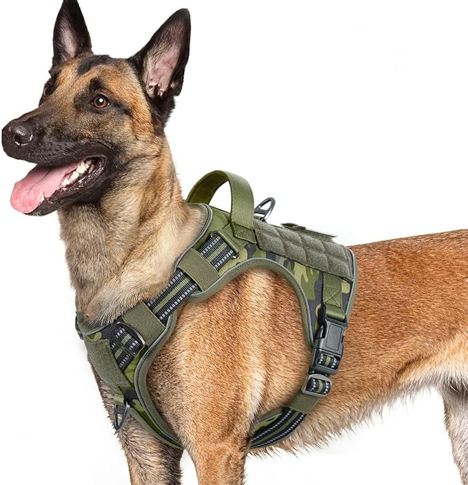 rabbitgoo Dog Harness for Large Dogs No Pull, Tactical Service Pet Vest with Molle and Control Handle, Adjustable and Reflective Military Harness for Easy Walking and Training, Green Camo, L