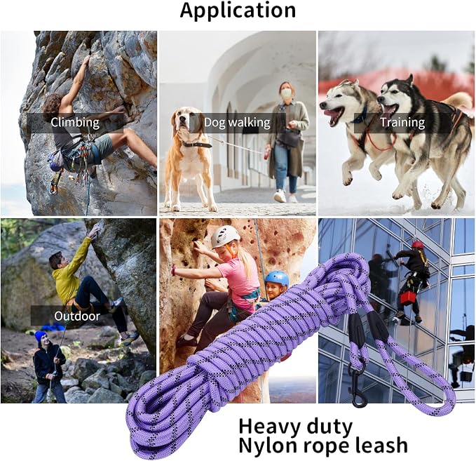 Long Dog Leash for Training 30Ft-Reflective Nylon Rope with Swivel Hook-Recall Agility Lead for Large Small Medium Dogs Outside Walking Hiking-Purple Diam 1/2"