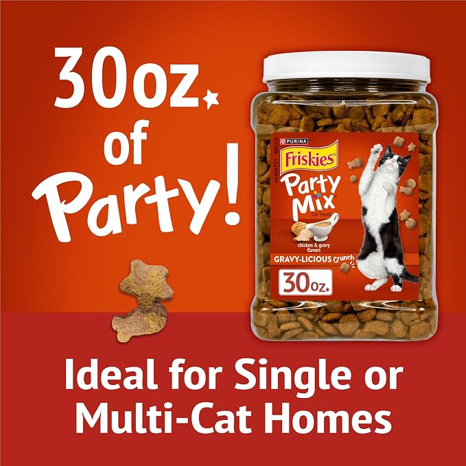 Friskies Purina Party Mix Gravy-Licious Crunch Chicken and Gravy Flavors Cat Treats - 30 oz Canister (Pack of 2)