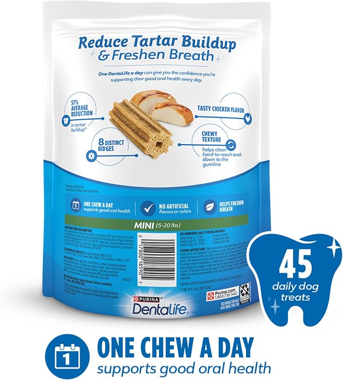Dentalife Daily Oral Care Dog Treats for Small Dogs 5-20 lbs.,Chewy Dental Treat to Freshen Breath and Fight Tartar,Chicken Flavor,14.7 oz. Each,45 Chews each/90 Chews-45 ct. Pouch,(Pack of 2)